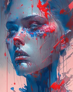 concept art, digital painting, hyper detailed, kilian eng, airbrush, isometric 3d, beautiful watercolor painting, Singer Danish MØ face, wildflower, darkblue tones, background liquid, blood, guts, soft smooth lighting, intricate, watercolor soft pastel colors, pastel colors, Abstract Yoji Shinkawa, red tones, nice cyberpunk, dark tones, beautiful cyberpunk, huge girl, high lighting, realistic, detailed, fine art, soft watercolor, beautiful, colorful, cosmic, futuristic, detailed, iridescent,