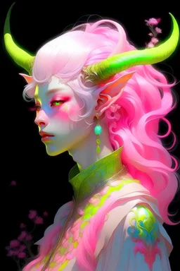 Pink hair spring cherry blossom Elf ear Eladrin Male (branching reindeer antlers large wrapped in flowers) druid zoom out