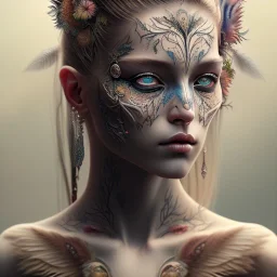 perfect woman portrait , perfect eyes, feathers, face tattoo, ominous, nature, plants, wildflower, facepaint, intricate, oil on canvas, masterpiece, expert, insanely detailed, cinematic smooth, intricate detail, soft smooth lighting, painted Renaissance style