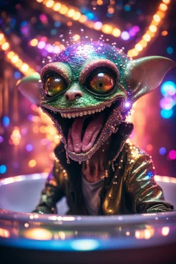 portrait through dirty warped lens of ultimate transcendent happy disco ball helmet wested pimp kobold gremlin alien frown with spotlights and huge dripping tounge sticking head out of a bathtub portal, in front of space portal dimensional glittering device, bokeh like f/0.8, tilt-shift lens 8k, high detail, smooth render, down-light, unreal engine, prize winning