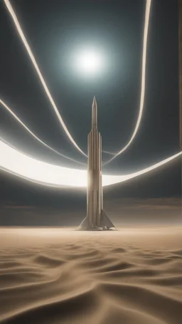 realistic photo of a landscape covered in sands that looks futuristic with futuristic lighting, a rocket base ready to be launched in the space