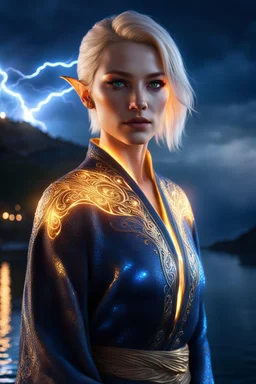 detailed eyes, female danish half elf, curvy, blonde short hairstyle, head to knee shot, detailed glowing ornamental magical pattern form fitting robe, glowing gem crackling with lightning implanted on robe, 8k, high detail, lake background, midnight, facing viewer, front facing, volumetric lighting