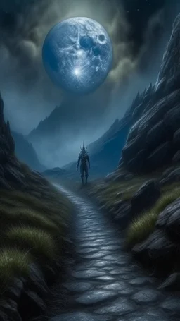 narrow stone path above the ground gradually getting higher into the clouds no railings, dangerous drop people in black leathers medievil period weather is wet spiraling into the clouds fantasy, a valley in mountains with a moon showing in the background human skuo on the sides of the trail