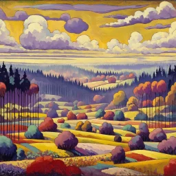 Full-screen, wet and quick forest landscape oil painting in the style of Felix Vallotton, with typically flattened, abstracted shapes and unusual colors, like lavender and red trees, blue fields, and green clouds in a yellow sky. The composition and structure of the oil painting convey a sense of distant perspective, looking out over the forest and fields from a low hilltop. The composition is repetitive, but not cluttered; it is stylized, much in the manner of Japanese print art and fellow Nabi