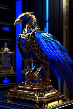 Cyberpunk style,Falcon,Qing Dynasty royal style,Birdcage,Mechanical feathers,Laser eyes,Elaborate and ornate design,Metal carving,Ornamentation,Jewelry decoration,Artistic feel,Technological vibe,skyscrapers,deep blue, deep purple, gold,mechanical parts of the falcon, carvings on the birdcage, mysterious, noble, futuristic, etc.
