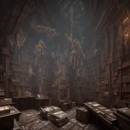 inside of a mystery dark gothic museum, dystopic, millions of books, labyrintic architecture, dark color scheme, high key lighting, volumetric light high details with white stripes and feathers unreal 5, octane render, cinema4d, dynamic lighting, dramatic lighting, 4k, redshift render, highly detailed, hyper realistic, sunset, gigantic architecture very high sealing, archs