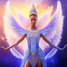 African crystal angel palace ! soft background | god rays | intricate | elegant | blue and pink galactic landscape | highly detailed | illustration | depth of field, luminosity, ultra sharp focus, ultra high definition