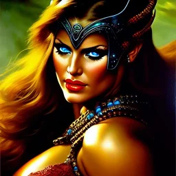 portrait oil on canvas, beautiful busty female Barbarian Warrior,green eyes, ,minimal armor,comic book cover, mystical colors,insanely detailed,realistic,intrincate detail, 16k resolution, masterpiece,Frank Frazetta,Alex Horley, Simon Bisley