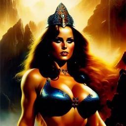 portrait oil on canvas, beautiful busty Female Warrior, minimal armor,comic book cover, mystical colors,insanely detailed,realistic,intrincate detail, 16k resolution, masterpiece,Frank Frazetta,Alex Horley, Simon Bisley,