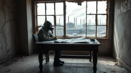 A bleak, worn-out interior of a room, with cracked walls and damp patches telling tales of abandonment. The furniture is dilapidated: a sturdy but time-marked table holds spread-out blueprints and old engineering tools. Seated in front of it, an individual wearing a gas mask and worn work clothes seems immersed in meticulous study, his hands resting wearily on his knees. Through the broken, dusty windows, a desolate industrial landscape looms, with smoking chimneys and ruined buildings against a