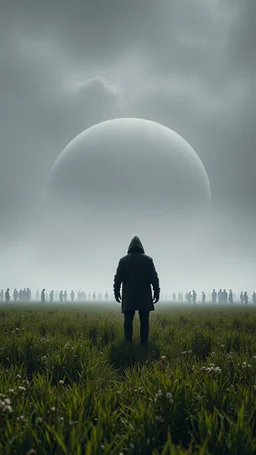 A field of random people at the end of the picture gray background an giant dark shadow of hooded human figure standing in under blurry gray planet cinematic, 8k