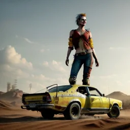 Ultra realistic mad max scene. clown sweet woman, waist up view, Wes Anderson style, epic, yellow smoke fog, hottest, highly detailed, concept art, unreal engine 5, god rays, ray tracing, RTX, lumen lighting, ultra detail, volumetric lighting, 3d, finely drawn, high definition, high resolution.