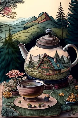 Cozy vibes drawing art tea pot, gardeners home scene in tea pot with Appalachia in the background