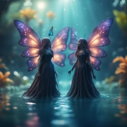 two Mind flayer witches with butterfly wings under water in well lit well ,bokeh like f/0.8, tilt-shift lens 8k, high detail, smooth render, down-light, unreal engine,bokeh like f/0.8, tilt-shift lens 8k, high detail, smooth render, down-light, unreal engine