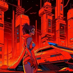 cyberpunk retro futuristic for comics from far away in orange