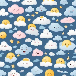 Cute clouds, various facial expressions, Pixar style, transparent background without limbs, seamless tile