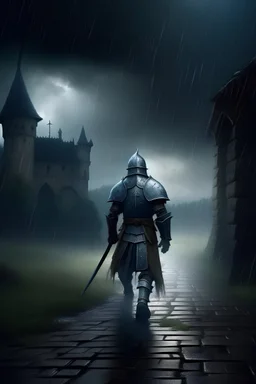 a knight going to a dungeon in a stormy night,