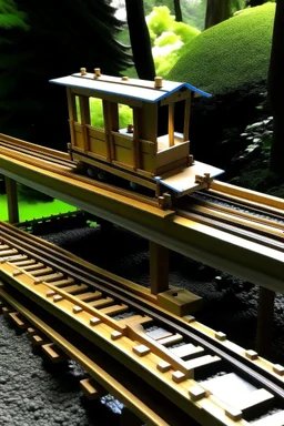 A toy one-passenger suspended monorail track built in my back yard, made from plywood and 2x4 lumber.