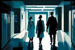 Two doctors - a woman and a man, talking in a hospital corridor. Visible from a distance. Whole silhouettes. Bright picture. People walking along the corridor in the background. Silhouettes brightly lit. Very clear. The characters are young and very handsome. Very realistic. Doctors visible from a distance - whole silhouettes - from head to toe. Caucasian people. Figures lit from the front.
