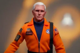 Mike pence G.i. joe toy doll space force uniform inside a blister package hanging on A rack in toystore, fluorescent orange, wide angle shot whole body, black moonboots, Green, space helmet, head to toe