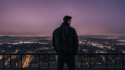 An Englishman in a bomber jacket standing to one side of a tall building looking across a city after sunset