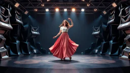 a 3d fractal stage structre made of metallic dark color 3d structures, pertty artistc background,dynamic lights,a beautiful lady in pretty maxi skirt and blouse dancing on stage