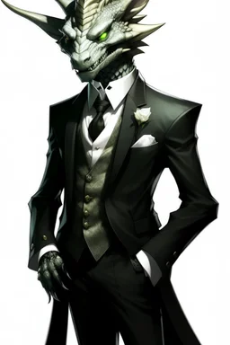 A silver Dragonborn from dnd wearing a tuxedo