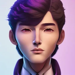 man, cute face, white highlight hair, brown eye, white, skin, purple suits, futuristic, science, purple, blue, dark pink background lighting, technology, profile, asian boy, square face, orange backlight, pug