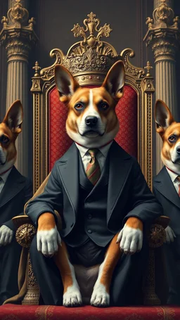 Bosch style A dog as king wearing a suit sitting on a throne and surrounded by other security dogs wearing suits