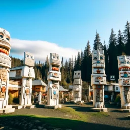 A white village in the sky with pacific northwest totem poles