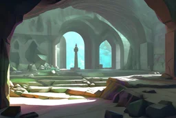 back ground distorted, A huge stone monument is placed in the center of the cave room, many stone monuments of various shapes are placed around the monument, many doors are floating in the room, transparent various colored tubes are floating