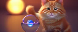 A cute adorable baby ginger cat made of crystal ball with low poly eye's surrounded by glowing aura, flamming sparkles highly detailed intricated concept art trending artstation 8k