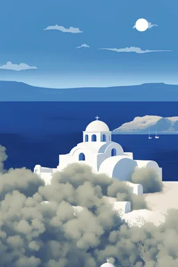 Blue background, 2D design, VINTAGE, Greek islands summer POSTER. WORDS: Greek summer love, POSTER GRAPHIC ART