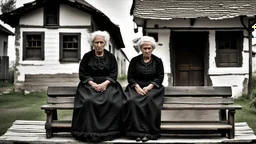 gloomy-looking old angry women sitting in black poor hungarian villager dress and wearing east european black head scharf on short old wooden bench in front of white old house outside in an authentic east european ,hungarian village, high detalied, professional photo, high qualit, high textures. The high-resolution image captures the essence of authenticity and realism, transporting the viewer to another time and place.