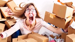 woman starts frantically tearing apart all the boxes and packaging