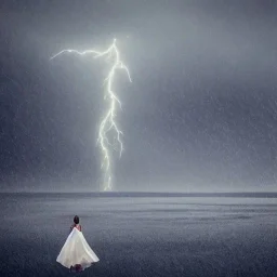 A princess standing in wait. Heavy cold rain. Thunderstorm. An engineer looking up. Futuristic scenary. Gray mist.