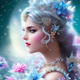 bright ice fairy, beautiful portrait, flowery landscape