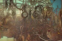 close up view on steampunk lab with big vapor tubes and alchemy equipment, mad scientist working, giant video screens, sci-fi vending machine, clock, retrofuturism, concept art by mucha and moebius and victo ngai, clean line, dieselpunk