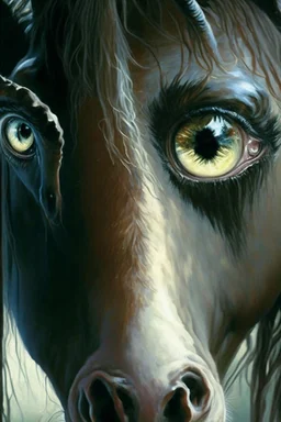 Demon Horse ,cute, big eyes, reflection in eyes, magical,whole body, Art by Norman Rockwell, digital art, trending on artstation, high contrast, deep color, magical, beautiful