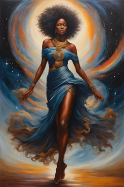 As she walks, her hair flows behind her like a celestial river, adding to the sense of movement and dynamism in the painting. Her presence is captivating, drawing the viewer into her orbit with her magnetic charm and grace. Overall, the painting captures the beauty and majesty of the cosmos, juxtaposed with the strength and resilience of the African female form. It's a celebration of diversity, beauty, and the infinite possibilities that lie within the universe.