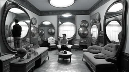 A living room with multiple mirrors on the walls, but each mirror reflects a different and distorted version of the room: one with the ceiling below, another with gigantic furniture, and another entirely monochromatic. A solitary figure sits in the center, oblivious to the distortions.
