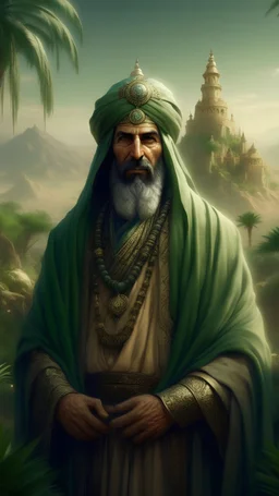 Islamic, Grand, Beautiful, Giant, Fantasy World, Clear View, Honest Facial Features, Accurate Details, Robe, Headdress, Background, ask, with begroun, jungle desert