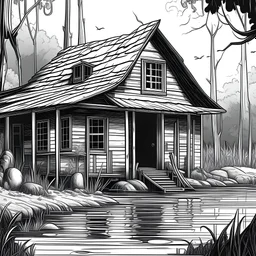 swamp shack, clean line art, line art, Black and white, coloring page, realistic, unique, unique style, masterpiece, variation, clean coloring page, illustration,