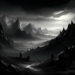 A dark fantasy landscape, dreams, magic, mountains, shadows, black and gray