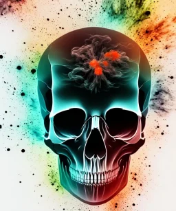 realistic skull. black background. smoke and explode. particles in air. teal and orange. watercolor and ink.