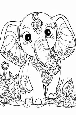 HAPPY NEW YEAR coloring page for kids,Elephant in colorful New Year, thick outline, low details, no shading, no color