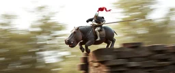fast hippo hog kentaur jumping a wall with knight rider and lance, motion blurred background