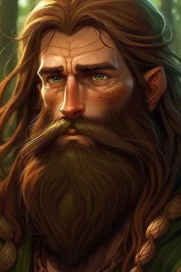 Gnom, braune lange wilde Haare, große, auffällig dicker Nase, gepflegter Bart, kein Vollbart, grüne Augen, hübsch, sehr jung (etwa zwanzig Jahre) , Druide, gebräunte Haut, Zeichen im Gesicht