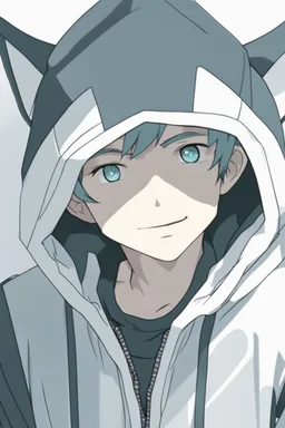 Anime man wearing a hoodie with a slight smile