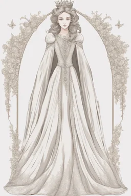 The enchanting queen, radiating grace and elegance. She would wear a flowing gown made of silk and adorned with delicate lace and pearls. Her crown would be a delicate tiara, embellished with sparkling gems.